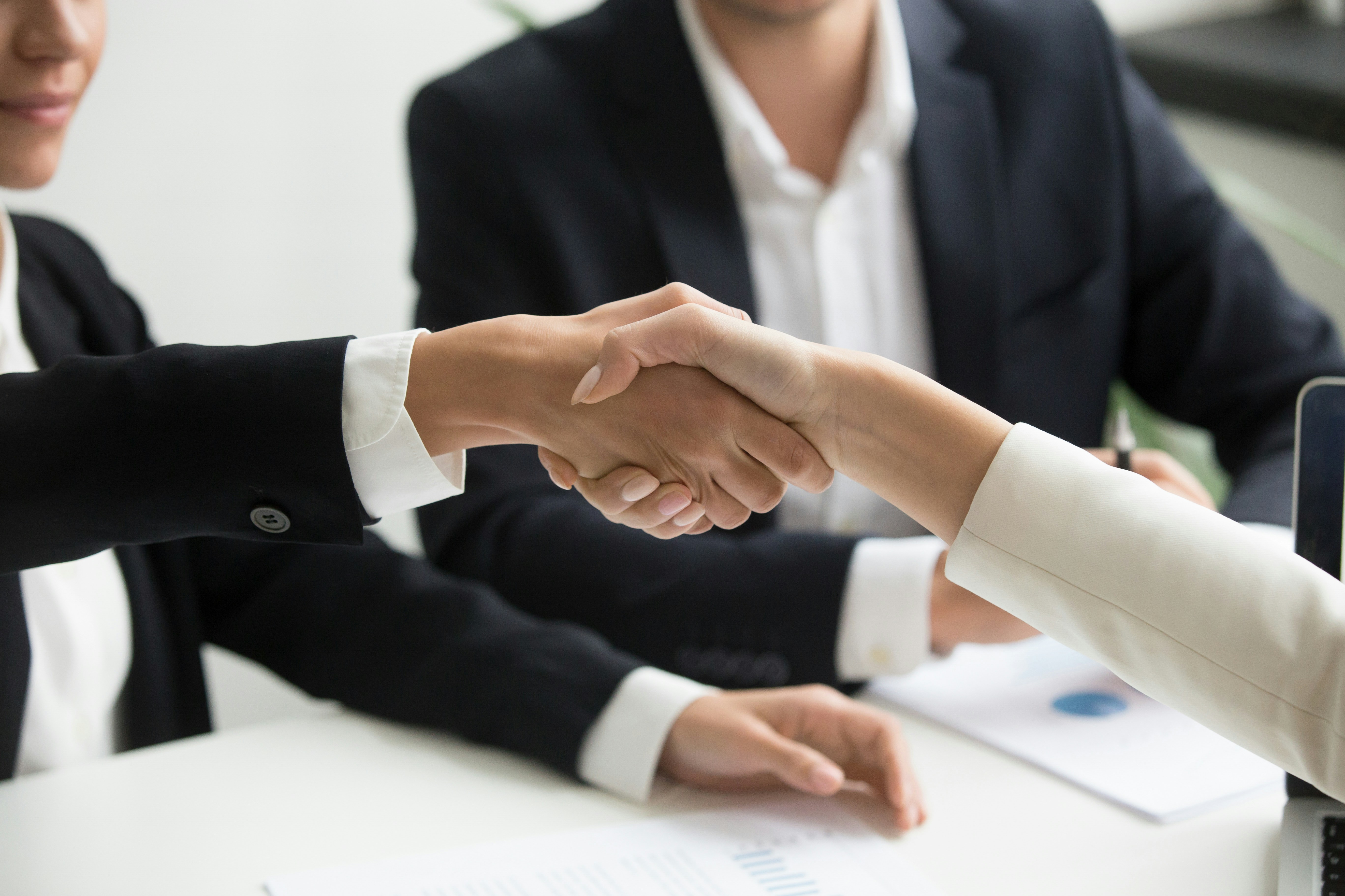Consultants reviewing financials and shaking hands